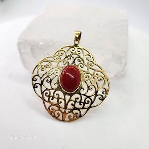Red Coral Gold Toned Ethnic Handmade Filigree Pendant Jewelry 2.27"